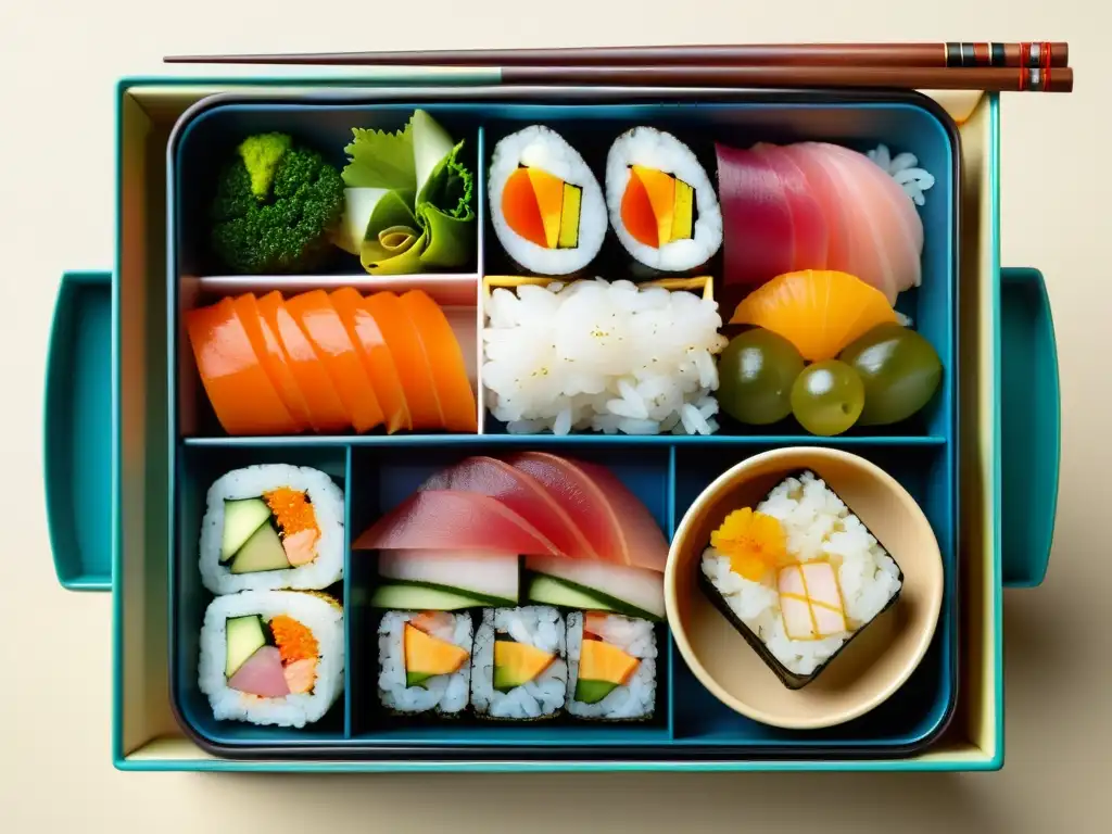 Un exquisito bento japonés con sushi, sashimi, vegetales encurtidos y arroz al vapor