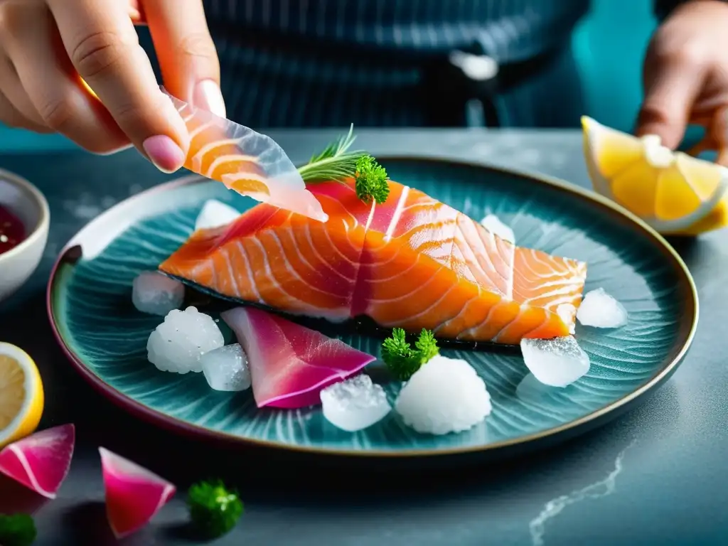 Un exquisito plato de sashimi de salmón fresco, con cortes perfectamente dispuestos sobre hielo, resaltando su textura y brillo