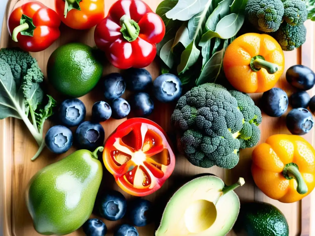 Una exuberante variedad de frutas y verduras frescas, brillantes y coloridas en una tabla de cortar de madera