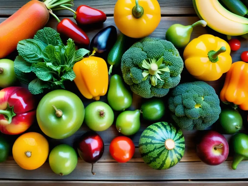 Una exuberante variedad de frutas y verduras frescas, ricas en colores y nutrientes, dispuestas artísticamente en una mesa rústica de madera