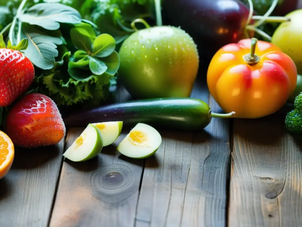 Vibrante selección de frutas y verduras para JiuJitsu Brasileño Una exuberante variedad de frutas y verduras frescas y vibrantes se exhibe en una mesa rústica de madera, iluminada por la suave luz natural