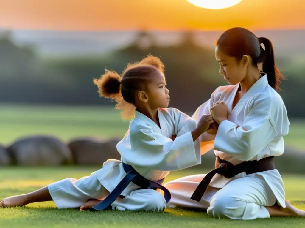 Una familia practicando artes marciales juntos en un entorno sereno al aire libre al atardecer, transmitiendo fuerza, disciplina y unión