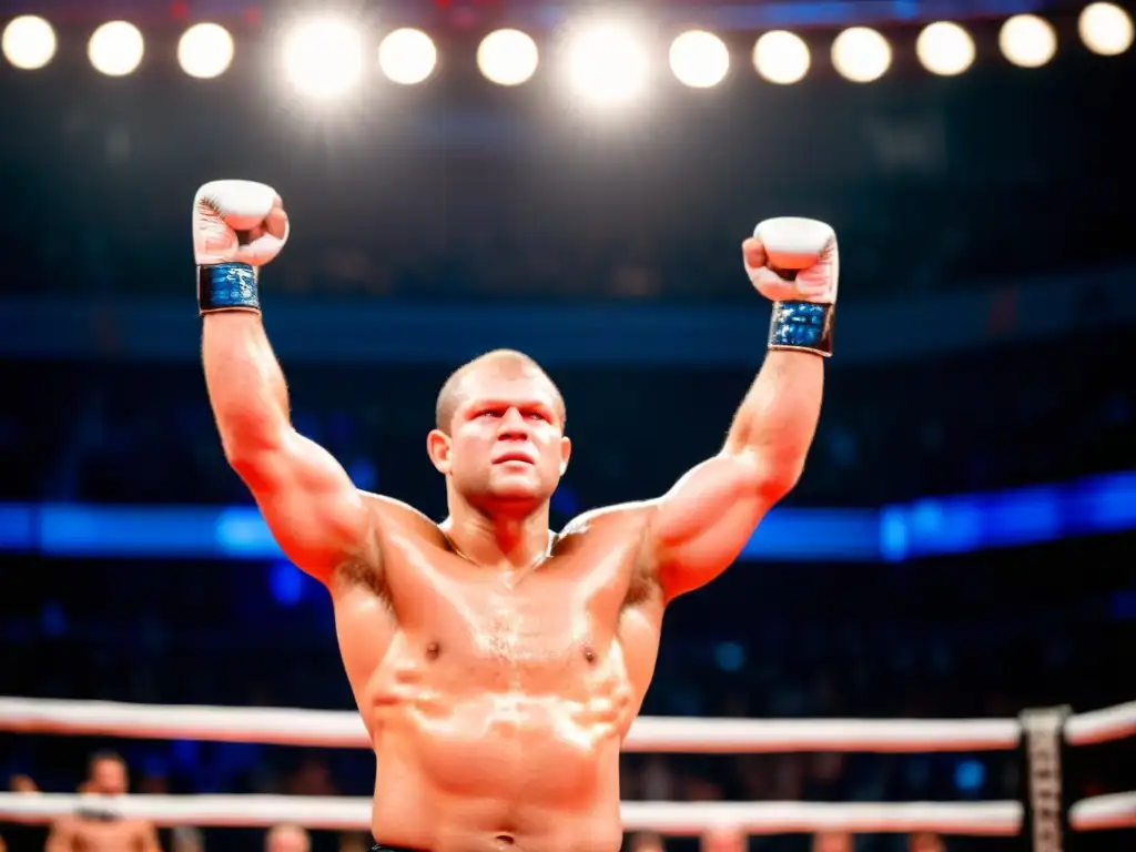 Fedor Emelianenko, leyenda del MMA, en el centro del ring, brazos en alto, rostro sudoroso, reflejando su determinación y poder