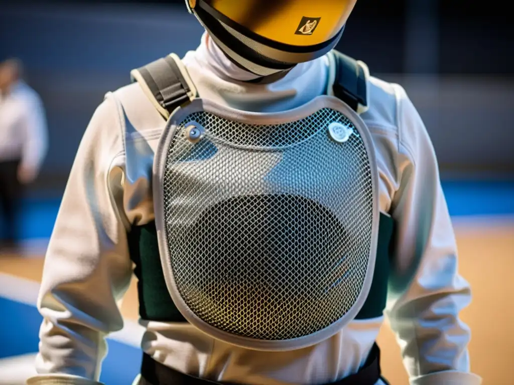 Un fencer profesional inspecciona detalladamente una pechera para esgrima moderna, mostrando su diseño y materiales innovadores