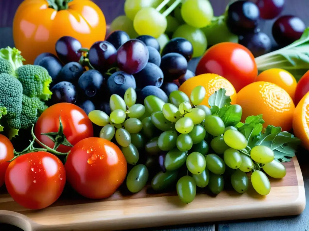 Un festín de colores y texturas naturales en una tabla de cortar de madera, con frutas y verduras frescas