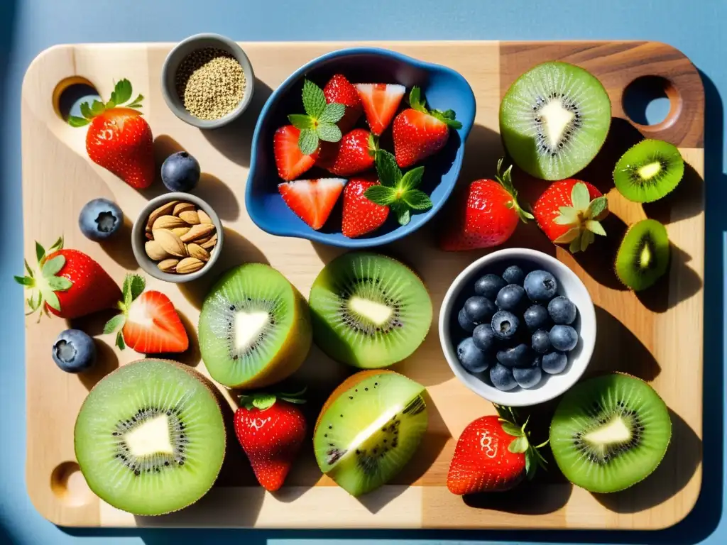 Un festín de frutas y frutos secos en tabla de madera iluminado por la luz natural