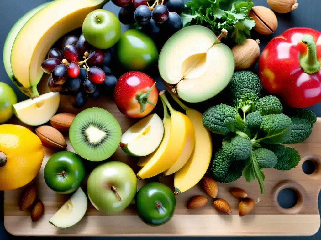 Un festín de frutas, vegetales y granos frescos sobre tabla de madera, con luz suave y sombras