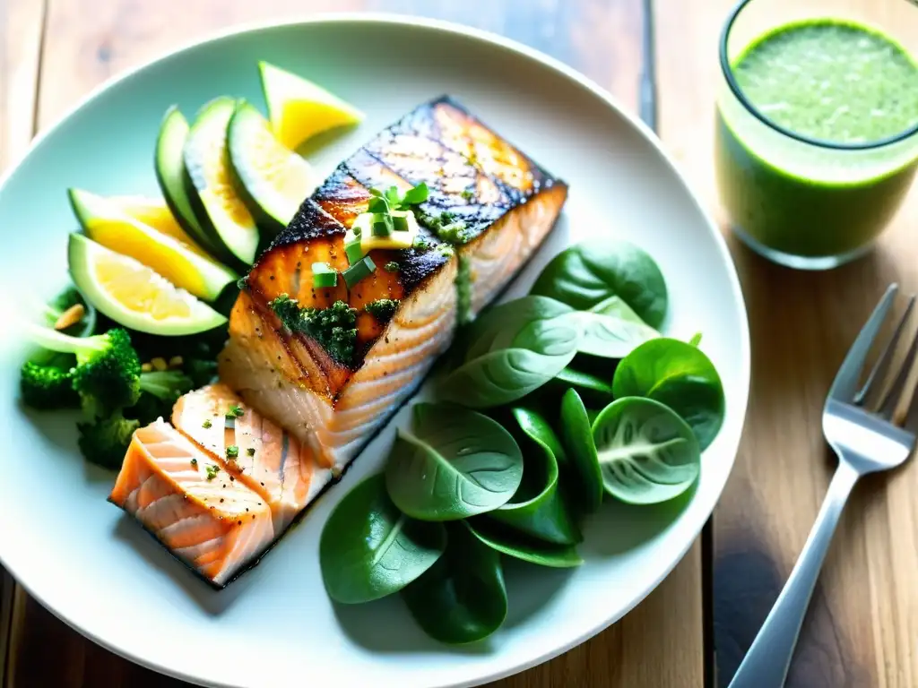 Un festín saludable y colorido post-entrenamiento en una imagen detallada: salmón a la parrilla, ensalada de quinoa y batido verde