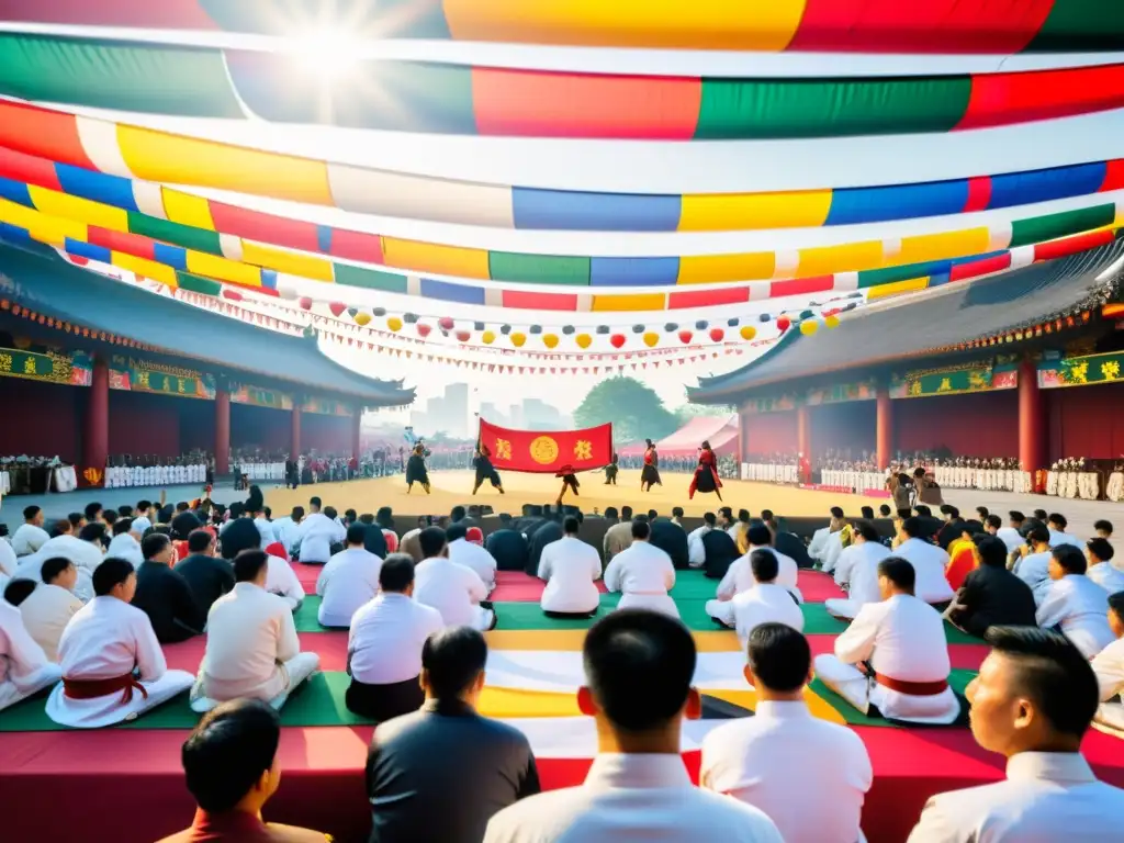 Un festival de artes marciales asiáticas con demostraciones, comida callejera y artesanías