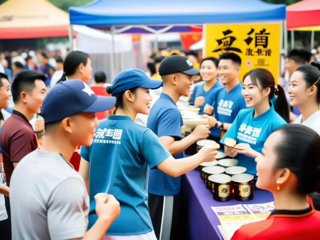 En el festival de Kung Fu, entusiastas del arte marcial disfrutan del merchandising para eventos de artes marciales, rodeados de alegría y energía