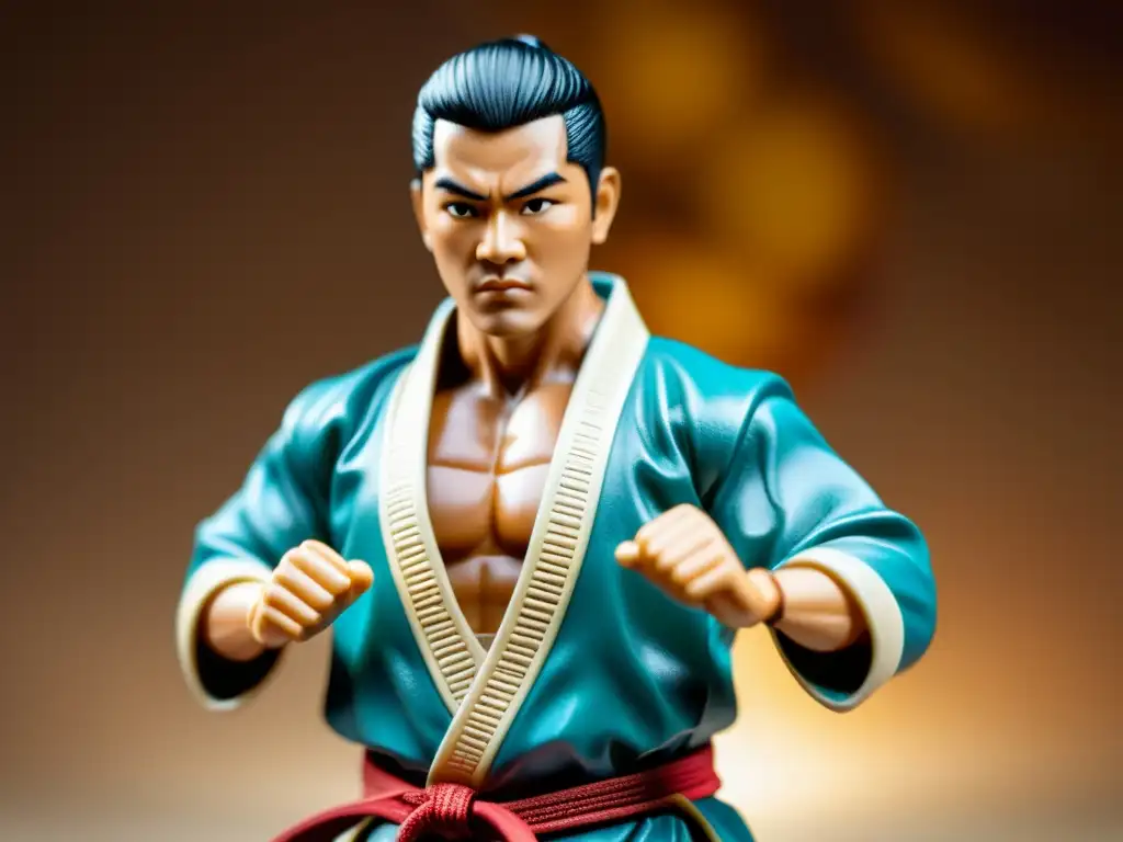Figura de acción de artes marciales vintage con detalle y realismo Figura de acción vintage de artes marciales en escena dinámica, resaltando detalles y coleccionismo