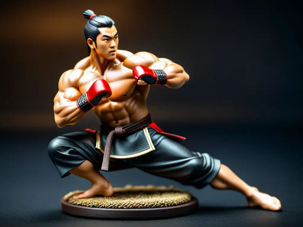 Figura de edición limitada merchandising artes marciales, detallada y exclusiva, con iluminación dramática y fondo lujoso