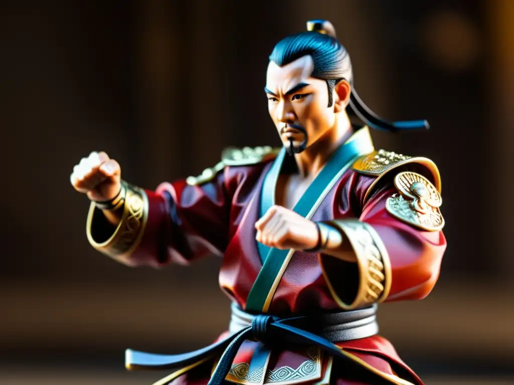 Figura de acción de maestro marcial en pose dinámica, realismo asombroso, iluminación dramática y atmósfera inmersiva de dojo