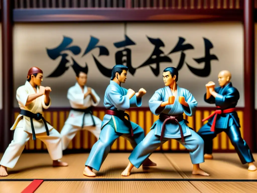 Figuras de acción de maestros marciales en dramática escena de lucha en un tradicional dojo japonés