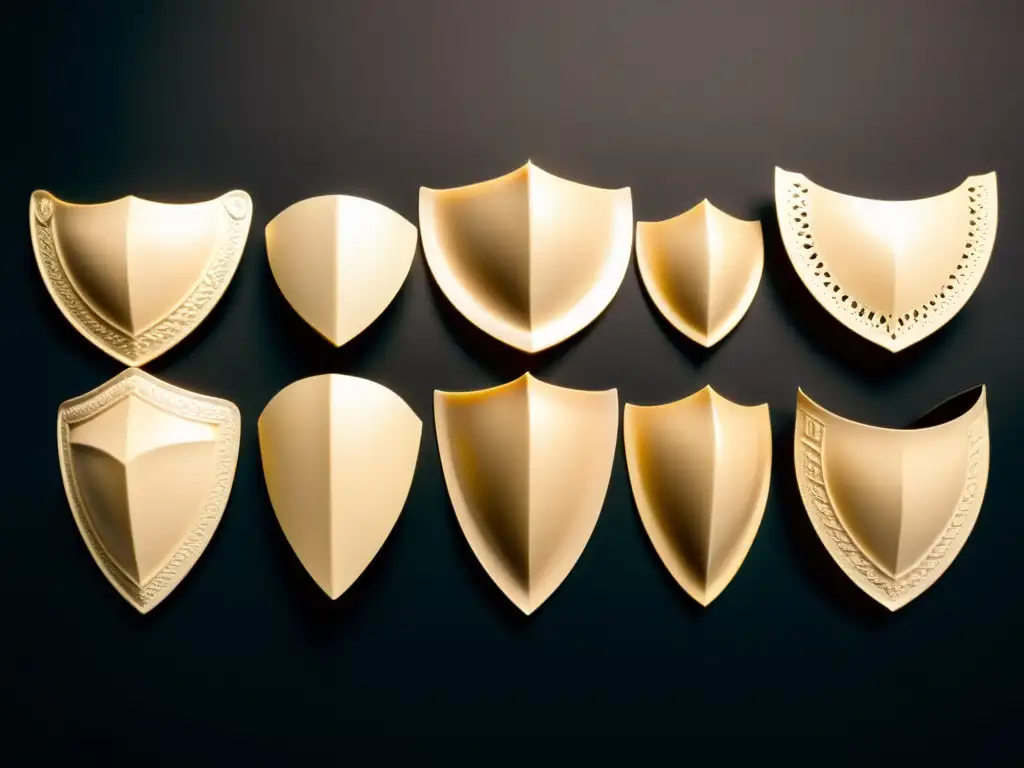 Una fila ordenada de coquillas protectoras para artes marciales en un fondo oscuro, mostrando diferentes tamaños, formas y materiales con detalle