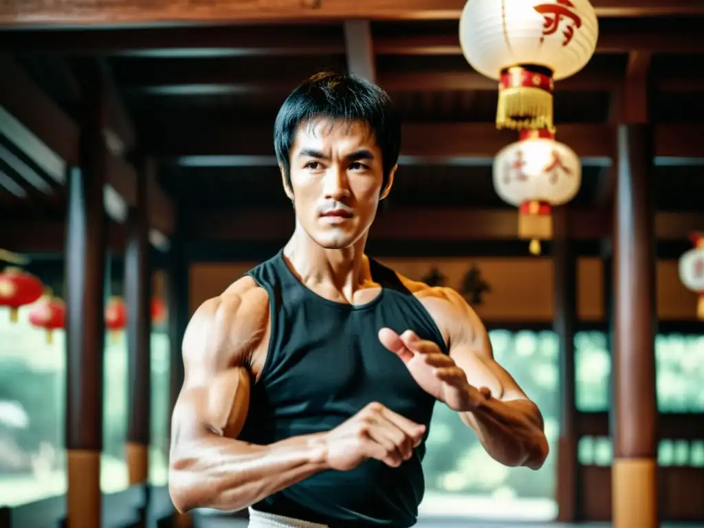 Foto impactante de Bruce Lee en pose de artes marciales Bruce Lee personifica la filosofía de disciplina y fuerza en una foto en blanco y negro, con un ambiente oriental auténtico
