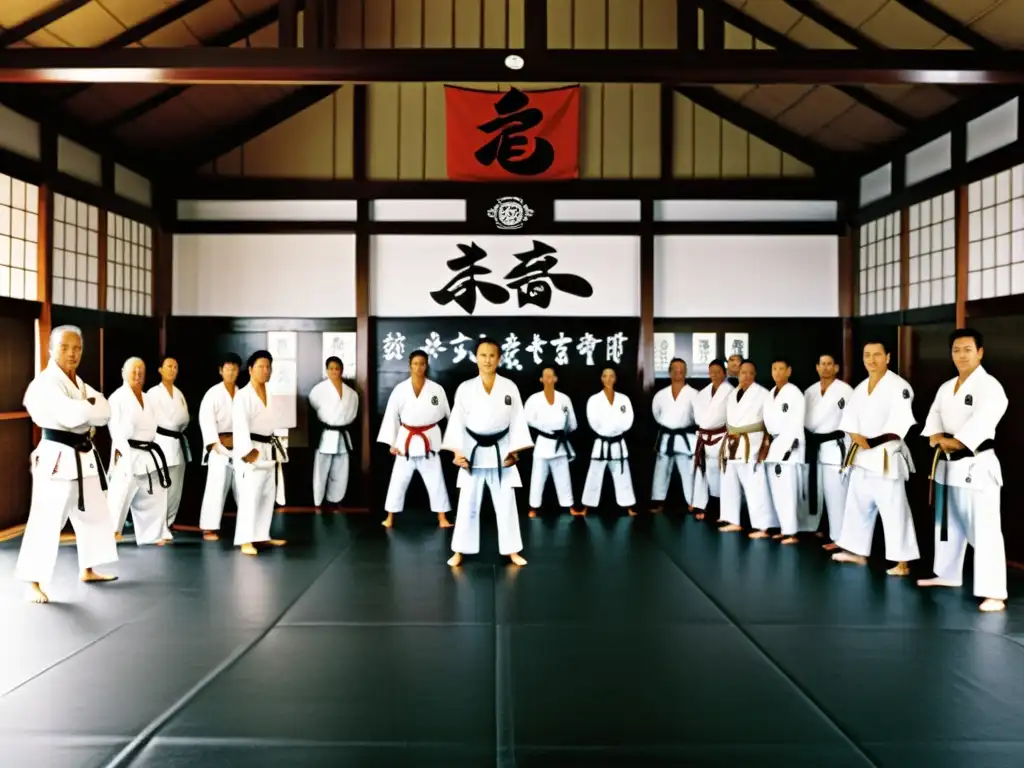 Una foto en blanco y negro de un dojo tradicional en Okinawa, donde los estudiantes practican karate bajo la atenta mirada del sensei