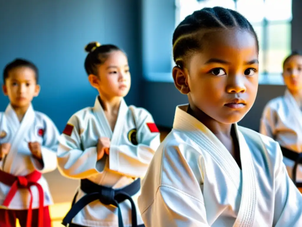 Foto de niños practicando artes marciales, mostrando determinación y empoderamiento