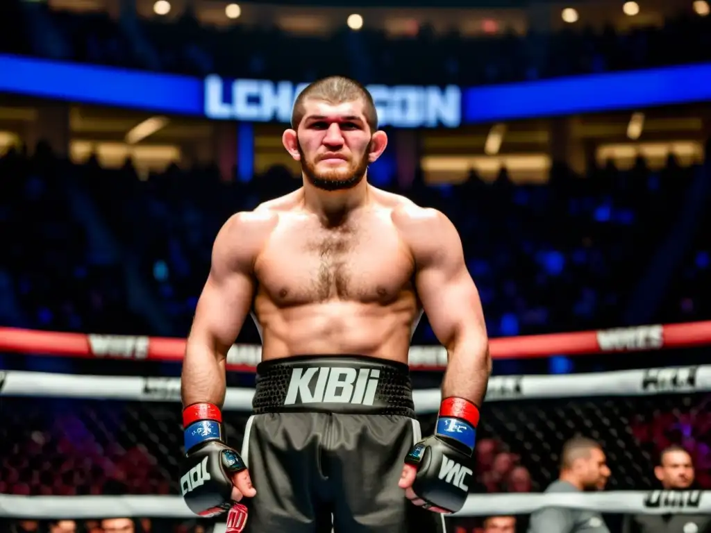 Khabib Nurmagomedov frente a su oponente en un octágono repleto de energía, reflejando su legado invicto en las artes marciales