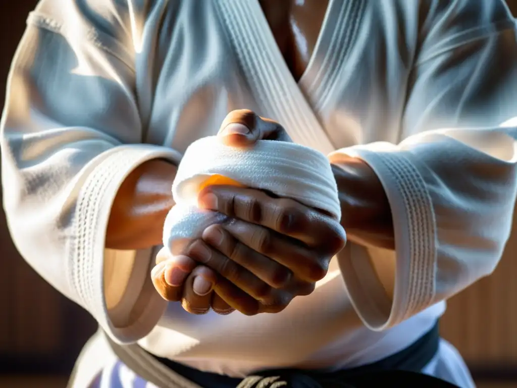 Fuertes manos de un practicante de artes marciales envueltas en vendas blancas, goteando sudor, en un dojo iluminado por el sol