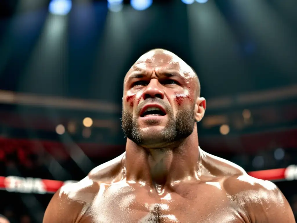 Randy Couture muestra su fuerza y determinación en el octágono, capturando la intensidad y energía cruda de su carrera en el MMA