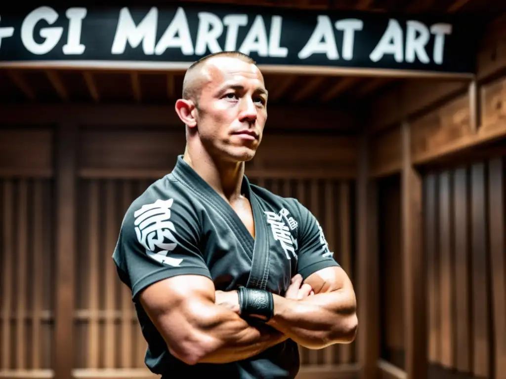 Georges StPierre en un dojo tradicional, rodeado de armas antiguas y citas inspiradoras en caligrafía