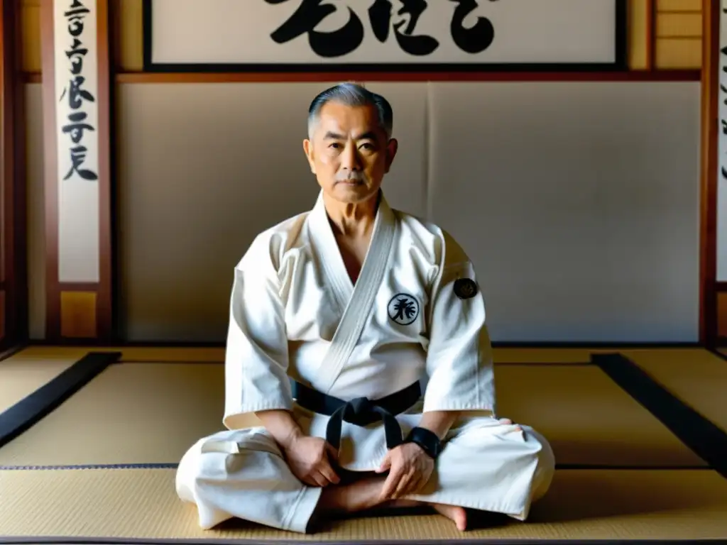 Gichin Funakoshi, fundador del karate Shotokan, en seiza en un dojo japonés