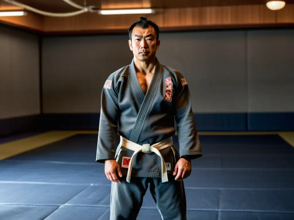 Kazushi Sakuraba en un gimnasio de artes marciales mixtas, con determinación en su rostro y listo para la acción en el tatami