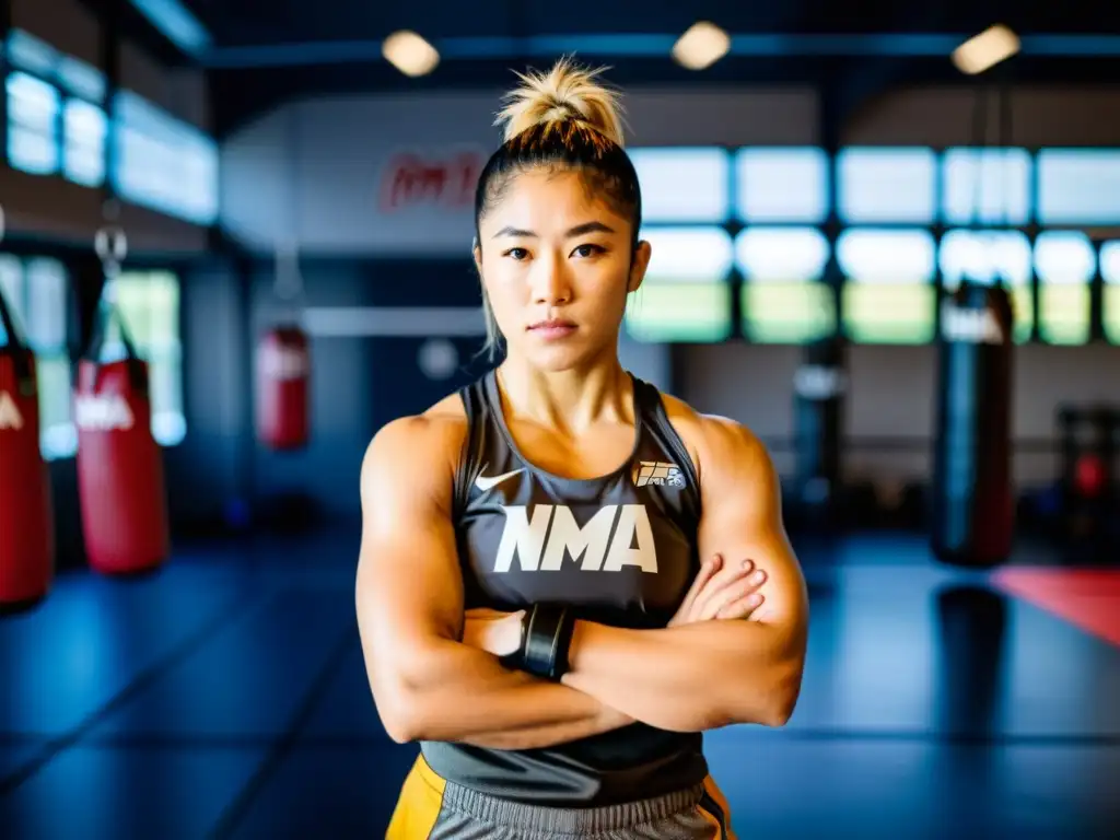 Angela Lee en el gimnasio de artes marciales mixtas, inspirando con su determinación y habilidad