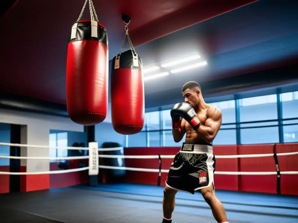 Un gimnasio de boxeo con bolsas rojas y negras colgando del techo, un boxeador concentrado en su entrenamiento, y un entrenador dando instrucciones