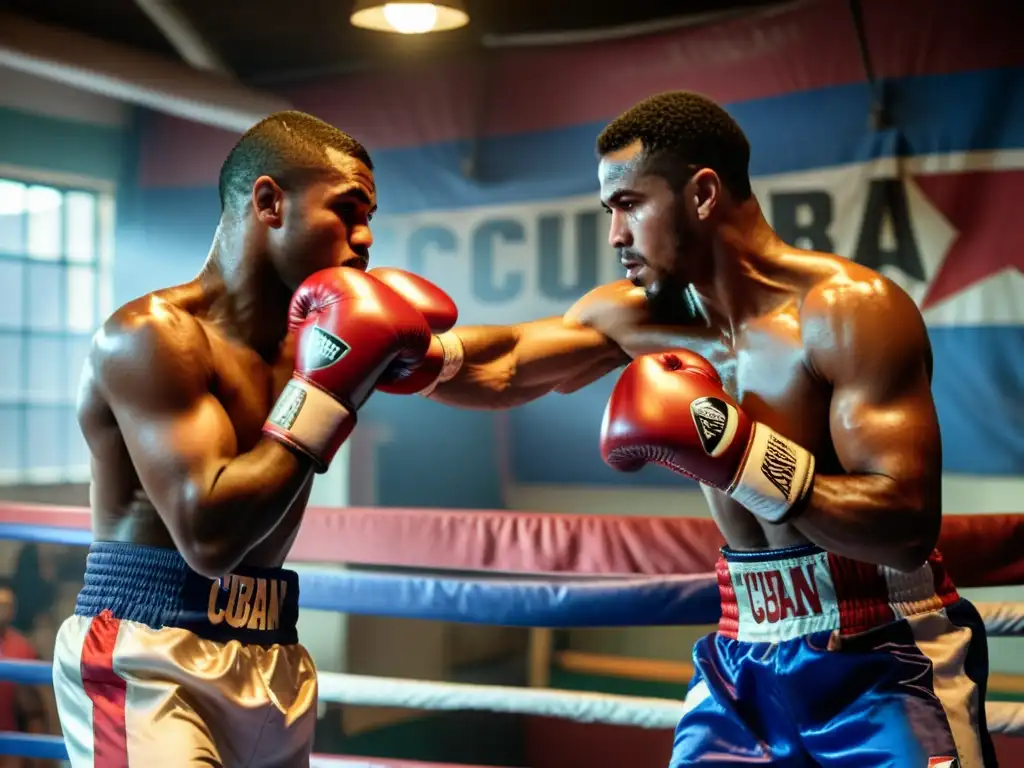 Un gimnasio de boxeo en Cuba, con boxeadores practicando con determinación bajo luces intensas y banderas cubanas