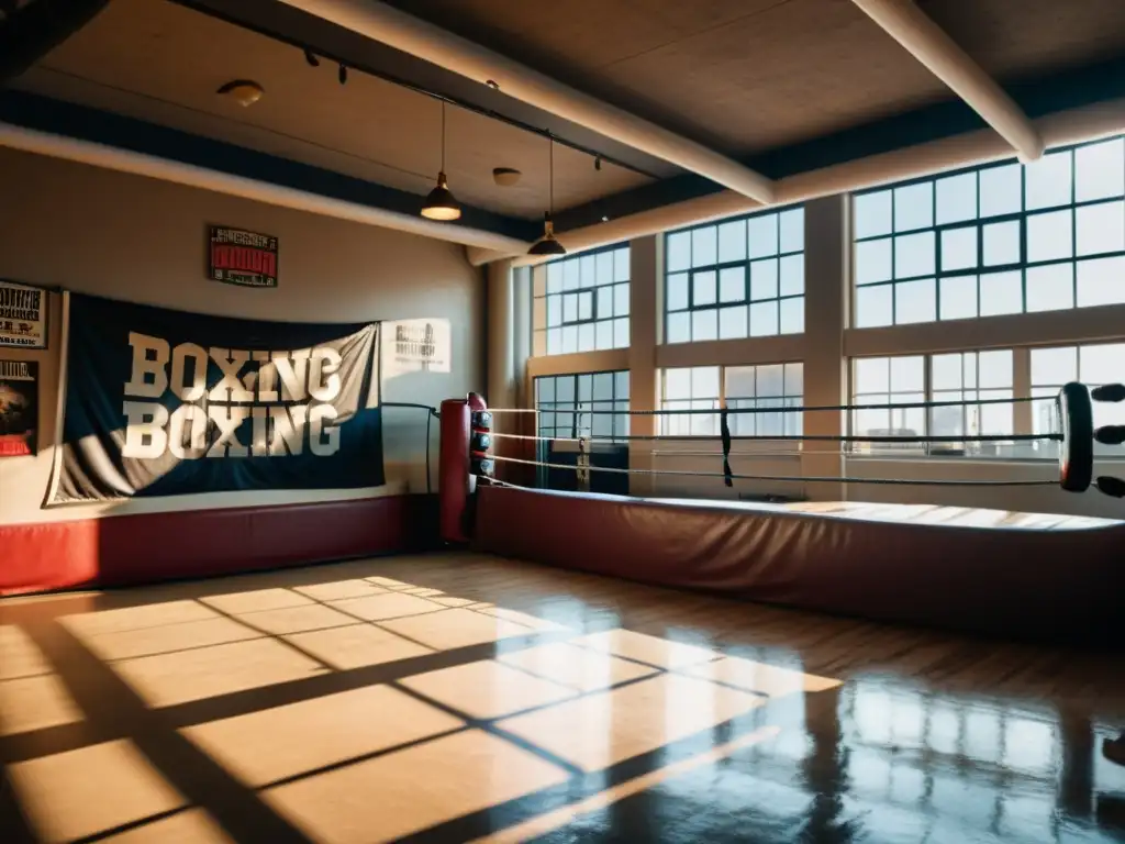 Un gimnasio de boxeo con luz natural, bolsas pesadas y un ring desgastado