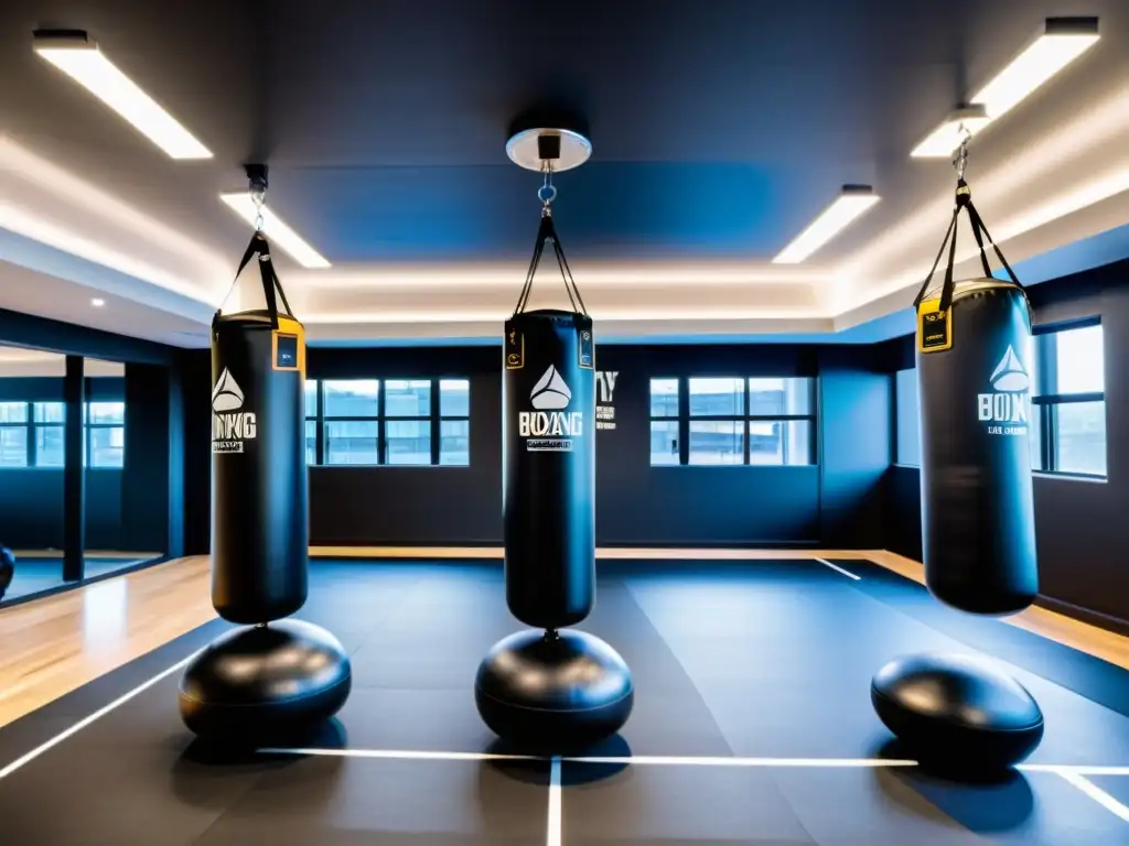 Un gimnasio de boxeo moderno e innovador con sacos de boxeo inteligentes innovadores, atletas y entrenadores mostrando técnica y enfoque precisos