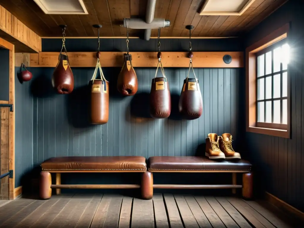 Un gimnasio de boxeo vintage con bolsas colgantes de cuero, guantes y zapatos antiguos en un banco de madera, iluminación atmosférica