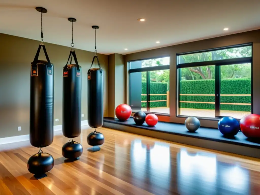 Un gimnasio casero bien equipado para entrenamiento de artes marciales con las mejores máquinas, ambiente cálido y motivador