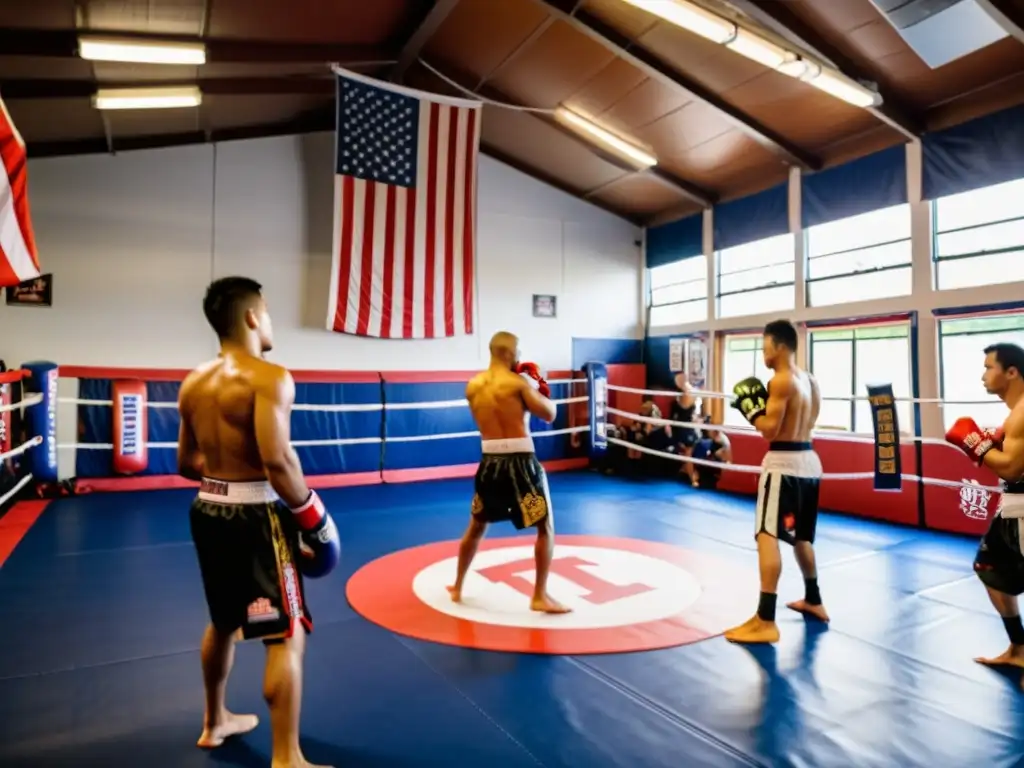 Un gimnasio de Muay Thai abarrotado en América, con luchadores de todas las edades y orígenes entrenando intensamente