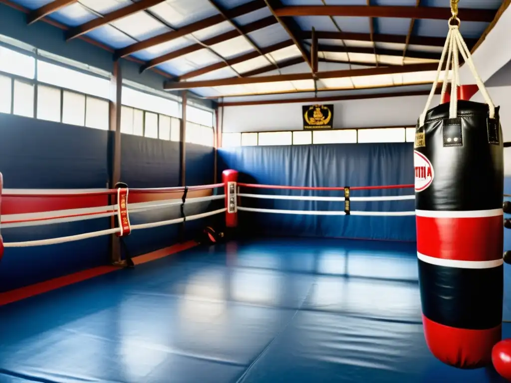 Un gimnasio de Muay Thai tradicional con luchadores y entrenadores, mostrando la evolución del equipamiento Muay Thai a lo largo de los años