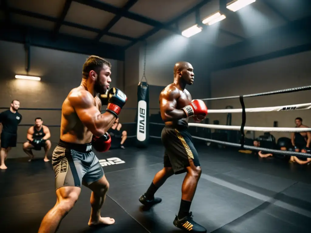 Un gimnasio oscuro y desgastado, donde luchadores de MMA entrenan con intensidad, mostrando determinación y sudor