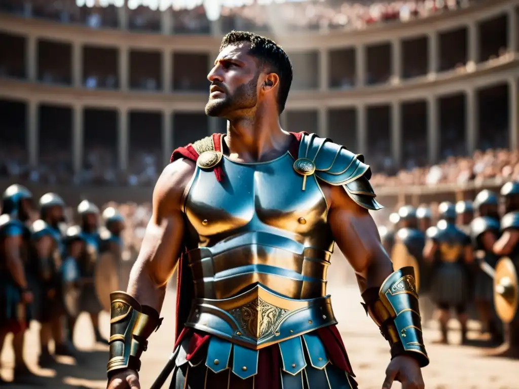 Un gladiador romano en armadura detallada se prepara para el combate en un dramático y emotivo escenario, con la multitud animándolo