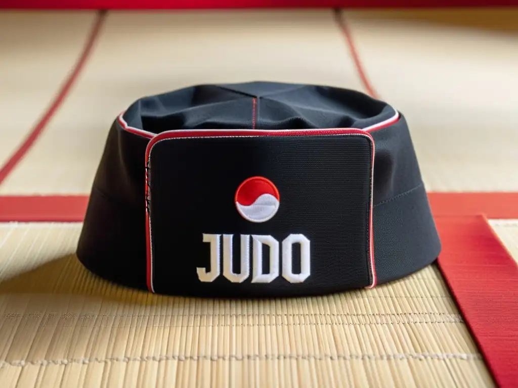 Una gorra de judo negra con el diseño icónico del cinturón rojo y blanco bordado