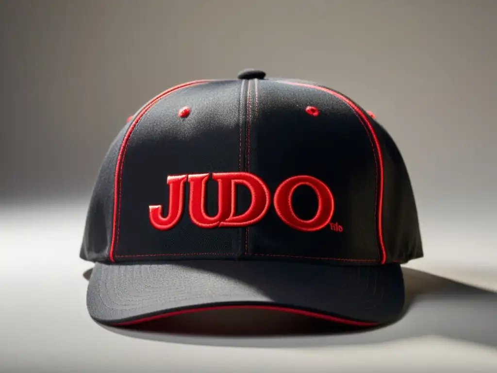 Una gorra negra con la palabra 'JUDO' en rojo, iluminada dramáticamente, muestra detalles de alta calidad