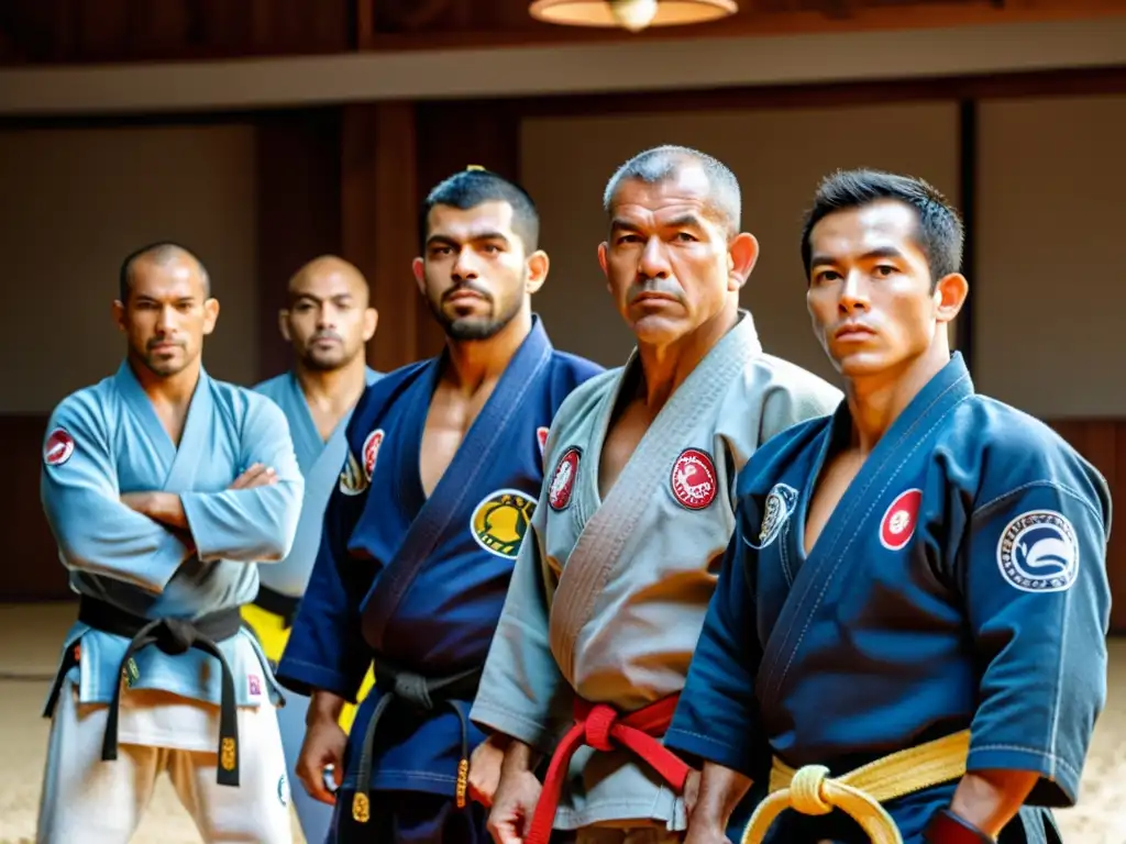 Contribución grandes maestros JiuJitsu Brasileño: Maestros de JiuJitsu en un dojo tradicional, demostrando técnicas con intensidad y sabiduría