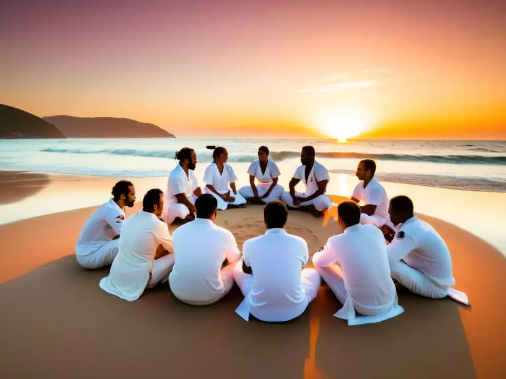 Grandes maestros capoeira en círculo en la playa al atardecer, demostrando su destreza y legado en movimientos llenos de historia y camaradería