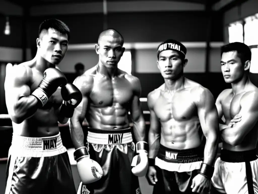 Grandes maestros del Muay Thai historia entrenando en un gimnasio tradicional tailandés, mostrando disciplina y determinación en cada golpe y patada