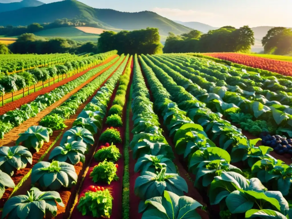 Una granja orgánica exuberante y vibrante con filas ordenadas de frutas y verduras