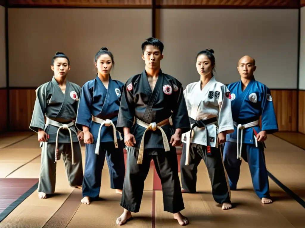 Un grupo de actores con formación marcial auténtica posan en un dojo tradicional, mostrando dedicación y autenticidad