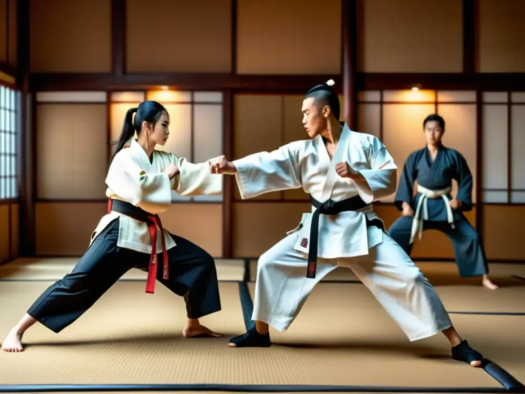 Grupo de actores con formación marcial auténtica en una escena de lucha coreografiada en un dojo tradicional, demostrando precisión y poder