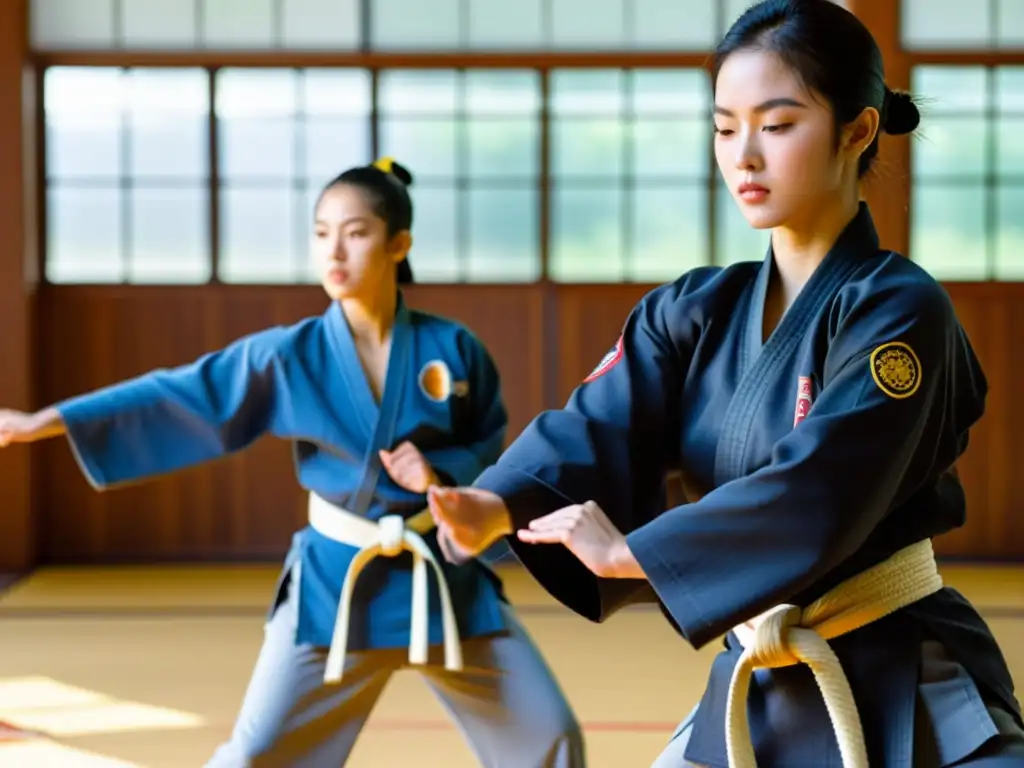 Un grupo de adolescentes practicando Hapkido en un estudio iluminado por el sol, mostrando disciplina, determinación y empoderamiento