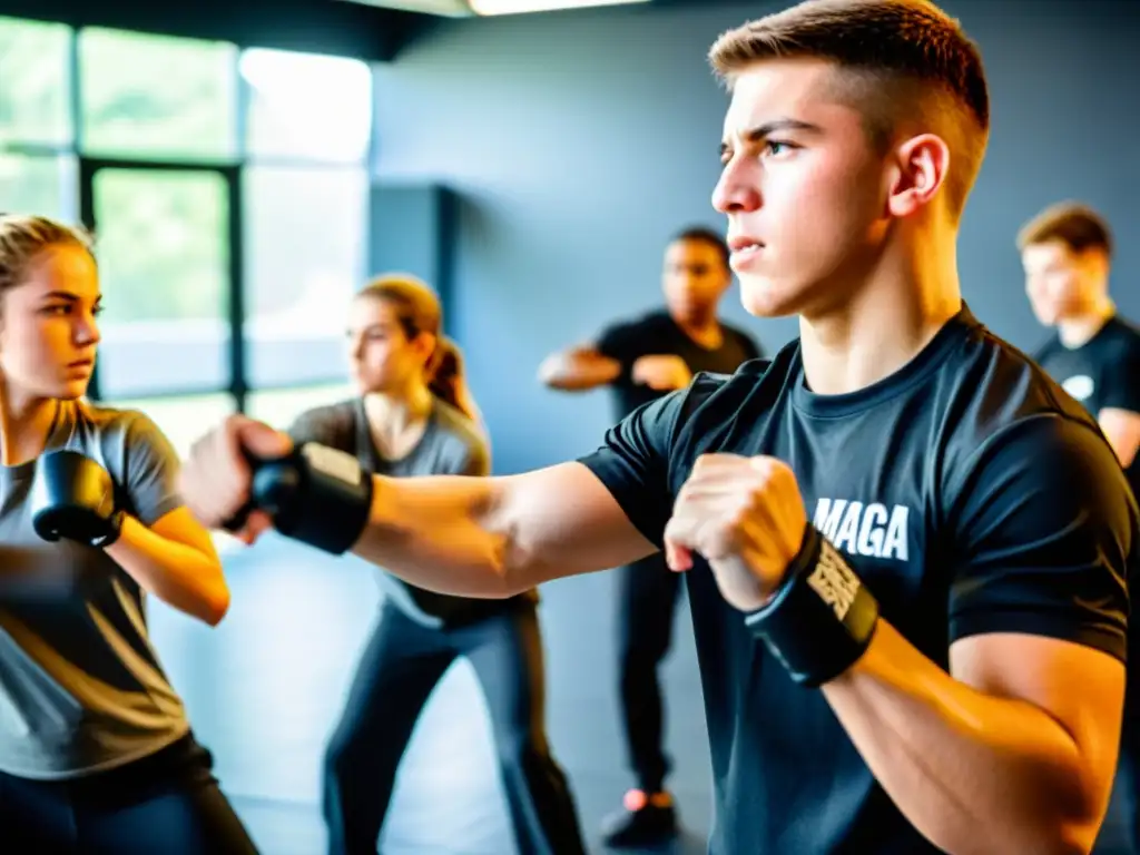 Grupo de adolescentes practicando Krav Maga en un estudio espacioso y bien iluminado, mostrando determinación y enfoque