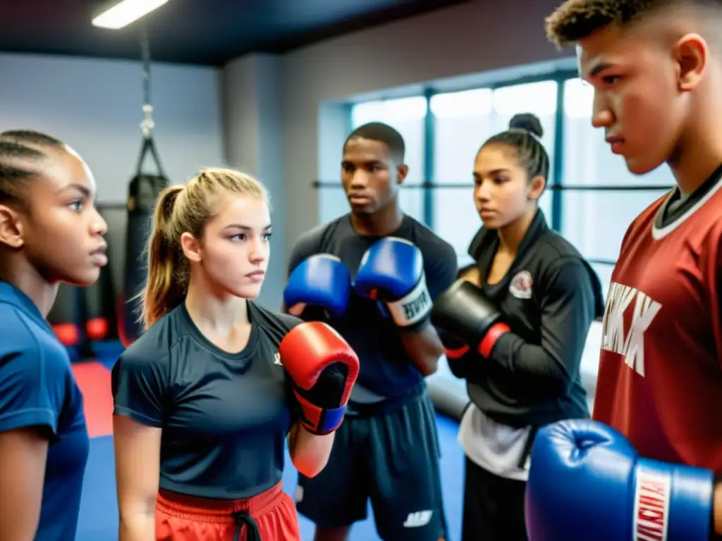 Grupo de adolescentes en ropa de kickboxing escuchan atentos a su instructor, mostrando determinación y camaradería